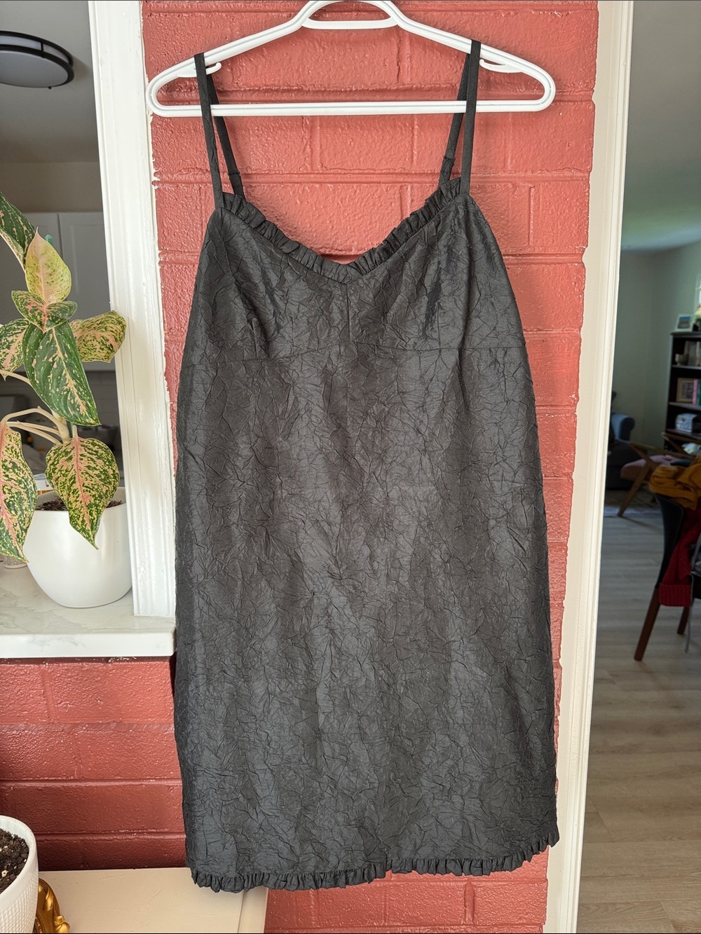 Eileen Fisher Dupioni Crushed Silk Textured Slip Mini Dress with Ruffle Trim S